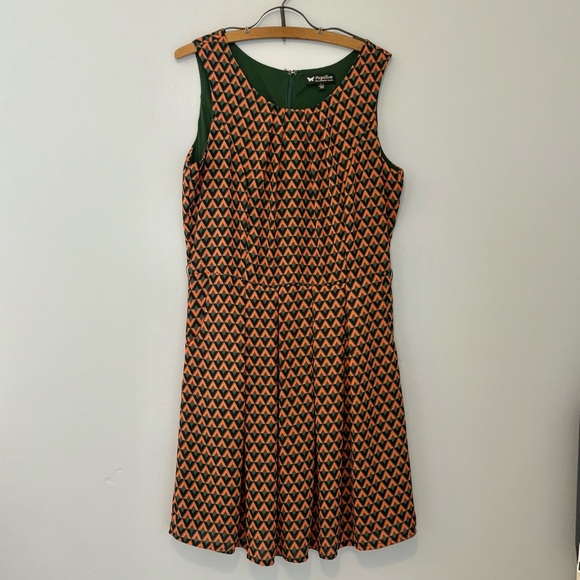 Papillon Geometric Print Fit and Flare Dress Size Large Orange Sleeveless - Picture 2 of 12